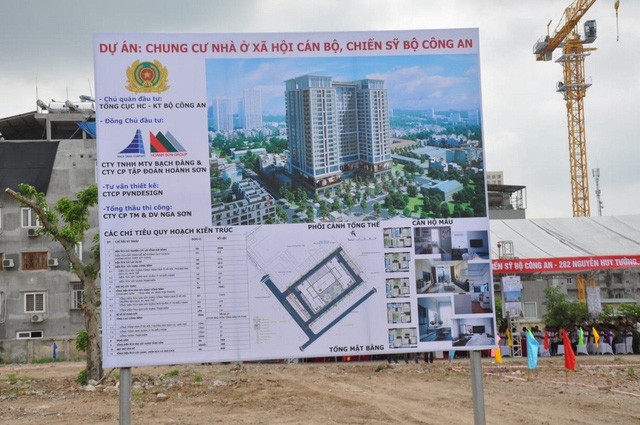 Công ty Cổ phần Tập đoàn Hoành Sơn cũng nằm trong danh sách này khi đang thế chấp 537 căn/612 căn hộ và diện tích dịch vụ thương mại, nhà trẻ, bể bơi thuộc Dự án xây dựng chung cư Nhà ở xã hội chiến sĩ Bộ Công an. Ảnh: Giadinh.net.
