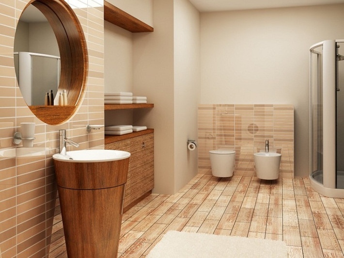 Tuy nhiên, khi sử dụng gỗ tự nhiên để ốp sàn nhà tắm, bạn cần kết hợp với vật liệu chống thấm để kéo dài thời gian sử dụng. Ảnh: Govietlao.