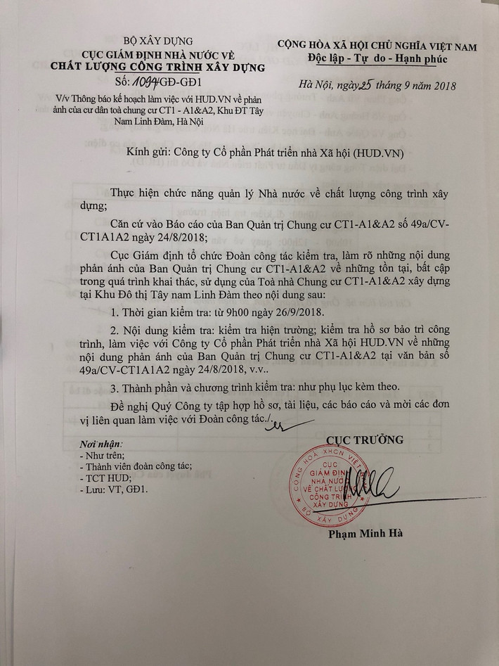 Theo Dân Việt, mới đây, Cục Giám định nhà nước về chất lượng Công trình xây dựng, Bộ Xây dựng đã làm việc với Công ty Cổ phần Phát triển nhà Xã hội (HUD) để làm rõ những phản ánh của cư dân tòa chung cư CT1 – A1&A2, Khu đô thị Tây Nam Linh Đàm. Ảnh: Dân Việt.