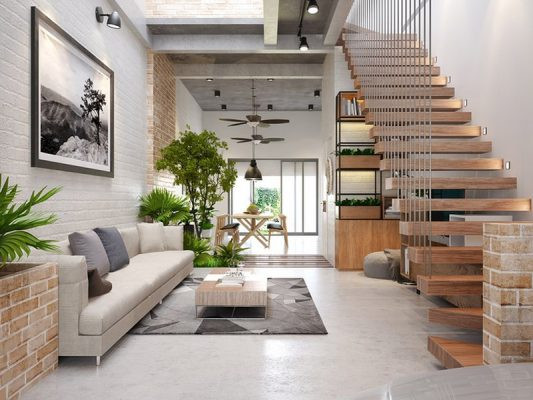Do đó, với các mặt tường giếng trời, bạn có thể sơn gai, ốp đá tự nhiên, gạch thẻ, gạch trần để vừa tiêu âm vừa trang trí cho giếng trời thêm sinh động. Ảnh: Datxanh.