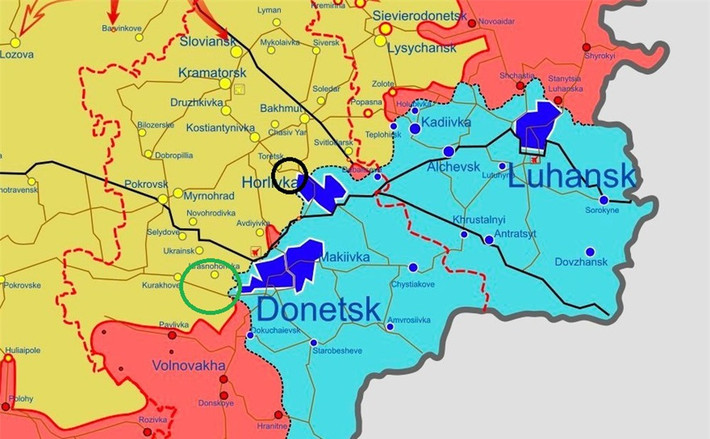 Vào ngày đầu tiên của cuộc chiến trên hướng Donbass, vị trí của quân đội Ukraine ở trên phòng tuyến Marinka, cách vị trí xuất phát tiến công của quân Nga là 20km. Sau gần 7 tháng chiến đấu trên mặt trận phía đông Donbass, quãng đường tiến quân của quân đội Nga vẫn chưa đầy 20 km; Marinka vẫn đứng vững.