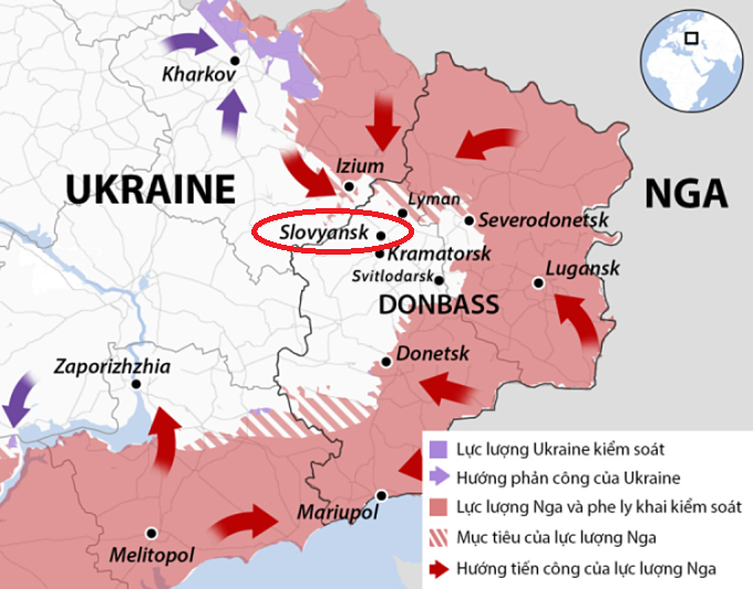 Lực lượng Quân đội Nga và dân quân thân Nga ở Donbass đang siết chặt vòng vây xung quanh thành phố Slavyansk và có thể cuộc tấn công Slavyansk đến từ ba hướng cùng một lúc. Hiện nay ở thành phố Slavyansk có gần 70.000 binh sĩ Ukraine đang phòng thủ tại đây và có thể bị bao vây trong một số ngày tới.