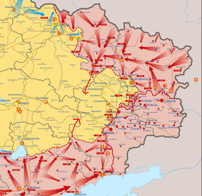 Bộ Tổng tham mưu các Lực lượng vũ trang Ukraine ngày 28/4 cho biết, quân Nga đang tập trung lực lượng, để cố gắng tạo đột phá từ khu vực Izum. Izum nằm trong khu vực Kharkiv, đã trở thành một điểm tập kết quan trọng cho quân Nga, đang cố gắng tiến về các khu vực Donetsk và Luhansk.