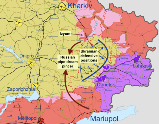 Một lực lượng đáng kể của quân đội Ukraine bất ngờ thực hiện thọc sâu vào thành phố Izyum, thành phố mà Quân đội Nga giành quyền kiểm soát hồi cuối tháng 3. Ở ngoại ô thành phố, các cuộc chiến đấu ác liệt giữa hai bên bắt đầu, quân Ukraine sử dụng nhiều xe tăng và xe bọc thép, dưới sự hỗ trợ hỏa lực của pháo binh để tham gia tấn công.