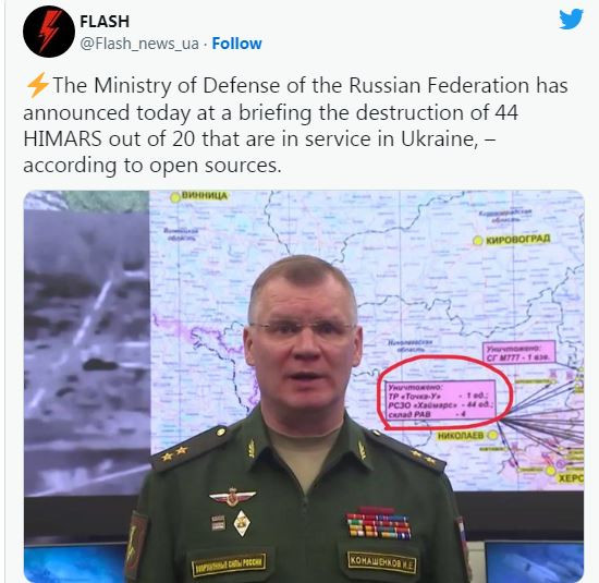 Từ khi những bệ phóng pháo phản lực cơ động phóng loạt (MLRS) HIMARS, được Mỹ viện trợ cho Ukraine và đưa vào chiến trường, thì trong các bản tin, Bộ Quốc phòng Nga liên tục thông báo phá hủy các bệ phóng này; nhưng đến nay vẫn chưa có đủ bằng chứng?