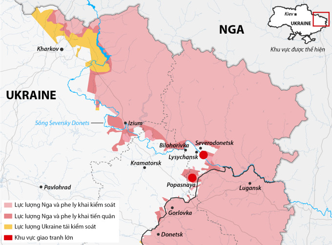 Thành phố Lisichansk là cửa ngõ lớn phía tây nam, dẫn đến thành phố Sieverodonetsk, được ngăn cách bởi một con sông Bắc Donetsk.