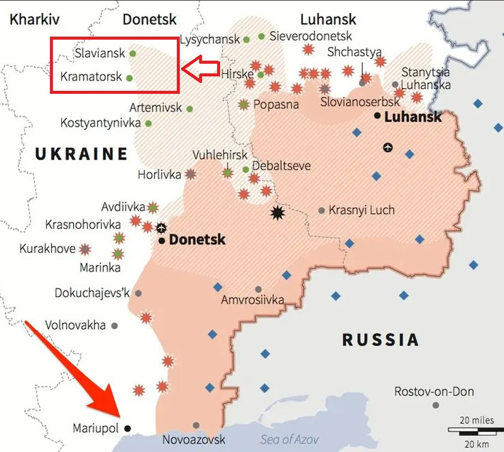 Tại khu vực phòng ngự Slavic-Kramatorsk, có Lữ đoàn bộ binh cơ giới số 95 của Quân đội Ukraine (Sở chỉ huy tại vùng Gorlovka), người dân đã nghe thấy tiếng pháo lớn của quân Nga bắn vào khu vực.