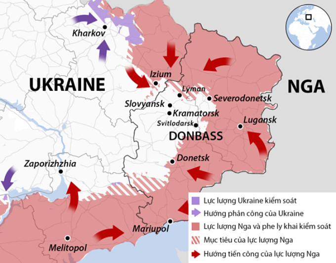 Trên hướng Sieverodonetsk của tỉnh Lugansk, các đợt tiến công của quân Nga đã cơ bản giành thắng lợi, sau khi giành quyền kiểm soát thị trấn chiến lược Lyman, quân Nga đã tập trung nhổ bỏ điểm tựa Popasnaya, nằm cách Lyman 30 km về phía đông nam; mặc dù nơi đây đã trở thành tâm điểm giao tranh ác liệt giữa hai bên.