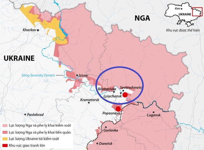 Hiện nay Quân đội đang còn phòng thủ ở thành phố Sieverodonetsk và Lisichansk, đã bị quân Nga cắt đứt các tuyến đường tiếp viện (trên danh nghĩa các tuyến đường đến Lisichansk chưa bị quân Nga chiếm đóng, nhưng nằm trong các tầm pháo khống chế của quân Nga).