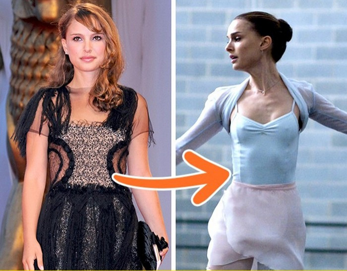 Natalie Portman: Hạnh nhân và cà rốt. Để vào vai chính trong “Thiên nga đen”, Natalie đã phải giảm khoảng 36kg. Cô đã phải kịch liệt giảm cân bằng cách ăn 1 nửa trái nho, 1 củ cà rốt và vài hạt hạnh nhân. Nỗ lực này đã đền đáp một thân hình mi nhon xứng đáng và 1 tượng vàng Oscar.