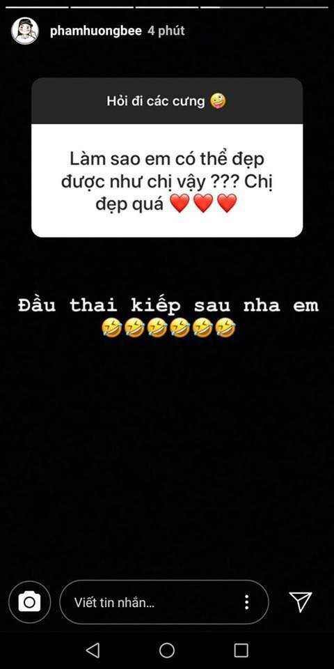 Theo đó, trong lần giao lưu với fan qua một ứng dụng trên trang Instagram, nàng Hậu gây ra một làn sóng chỉ trích trong cộng đồng mạng với câu trả lời “Đầu thai kiếp sau nha em" khi được một người hâm mộ hỏi về bí quyết làm đẹp. Dù không lên tiếng sau những chỉ trích nhưng đây được xem là lần "vạ miệng" nhớ đời của người đẹp gốc Hải Phòng.