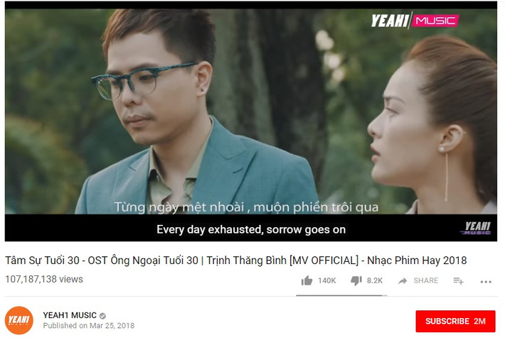 Ra mắt MV "Tâm sự tuổi 30" 25/3, Trịnh Thăng Bình cũng nhanh chóng ra nhập hội ca sĩ Vpop có MV 100 triệu view sau 8 tháng "trình làng". Đây là bản OST nhẹ nhàng của bộ phim "Ông ngoại tuổi 30" do chính Trịnh Thăng Bình sáng tác và thể hiện.