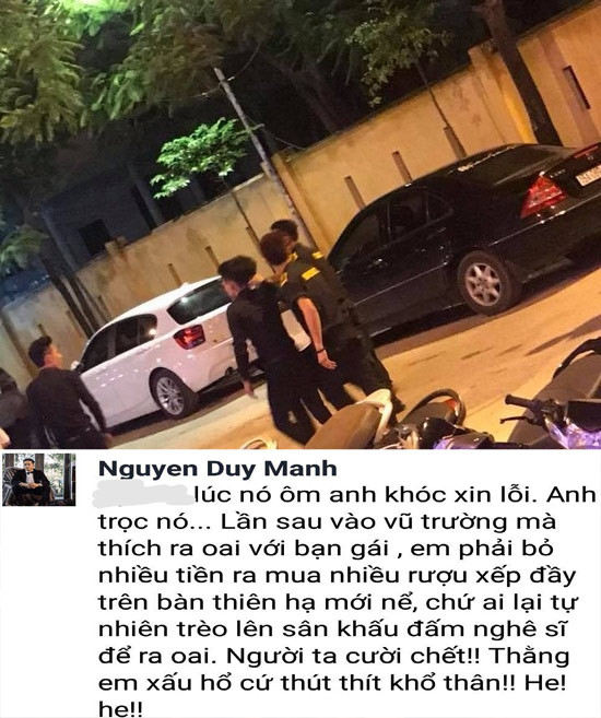 Không những giữ bình tĩnh để hát hết bài, Duy Mạnh còn tìm gặp vị khán giả quá khích kia. Anh sau đó còn lên mạng nói đỡ cho thanh niên đó rằng "chấp với người say thì chấp làm gì".