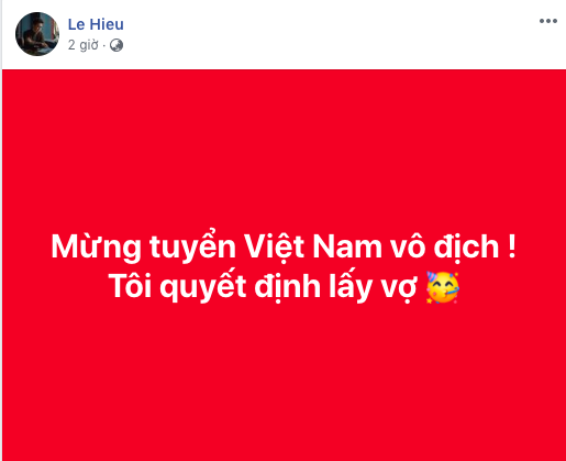 Cách đây không lâu, Lê Hiếu từng nửa đùa nửa thật trên trang Facebook cá nhân về quyết định lấy vợ ngay sau khi đội tuyển bóng đá Việt Nam giành chức vô địch AFF Cup 2018.