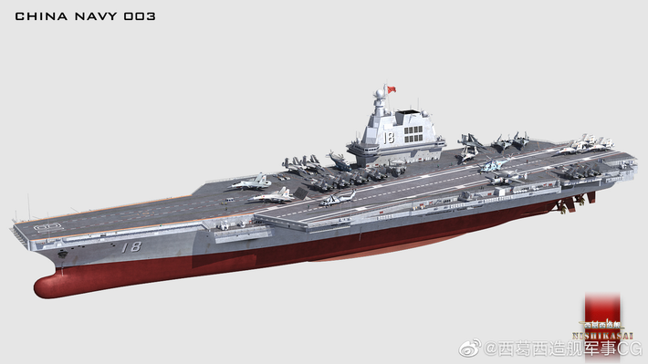 Có thể thấy rằng thiết kế tàu Type 003 mới này của Trung Quốc là vô cùng hiện đại, có thể nói tiệm cận những chiếc hàng không mẫu hạm của hải quân Mỹ và vượt trội hoàn toàn so với 2 tàu sân bay đang phục vụ trong hải quân Trung Quốc hiện nay. Nó được trang bị máy phóng điện từ và boong tàu phẳng thay vì sử dụng kiểu nhảy cầu lạc hậu như các tàu hệ Liên Xô của Trung Quốc. Ngoài ra người ta dự đoán rằng tàu sân bay mới cũng có thể mang theo đến hơn 70 máy bay, bằng sức tải cả 2 chiếc tàu sân bay hiện nay của Trung Quốc cộng lại. Ảnh: Đồ họa Type 003 của Trung Quốc.