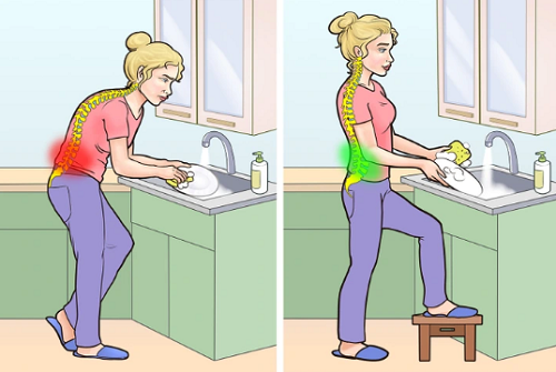 5. Tư thế rửa bát không phù hợp. Cúi người khi rửa bát sẽ gây áp lực vào vùng lưng dưới, gây căng cơ. Nghiên cứu chỉ ra, duy trì tư thế này vài phút mỗi ngày cũng có thể làm tăng nguy cơ đau lưng. Để ngăn ngừa, bạn nên đặt một chiếc ghế nhỏ dưới chân. Sự thay đổi nhỏ này góp phần điều chỉnh tư thế, tránh căng cơ vùng lưng.