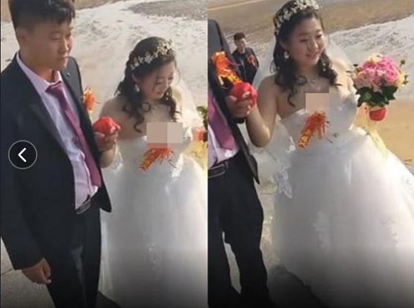 Một cô dâu khác cũng mắc lỗi tương tự với áo cưới quây ngực. Sở hữu vòng 1 quá lớn song lại chọn chiếc đầm có độ ôm kém khiến cô dâu liên tục đối diện khoảnh khắc hớ hênh.