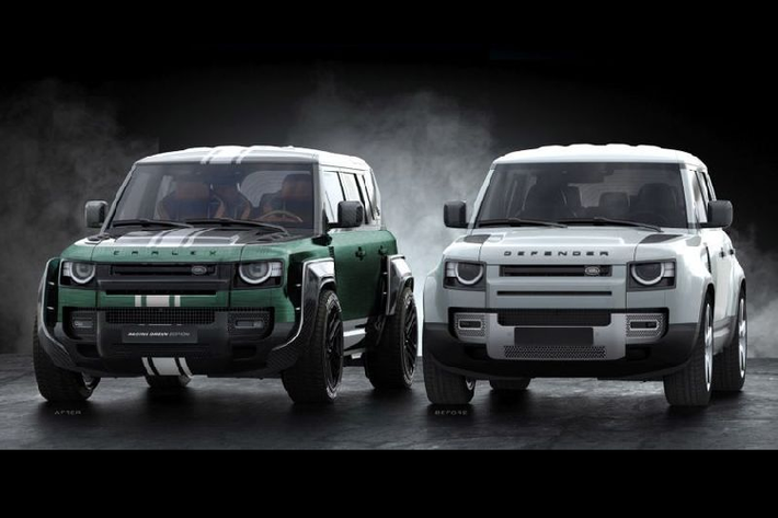 Defender được sơn lại trong màu xanh lục lấy cảm hứng từ màu Racing Green đặc trưng của xe đua Anh, kết hợp với các sọc trắng trải dài thân xe được hoàn thiện thủ công. Chiếc Land Rover Defende độ Carlex Design tiếp tục được tăng cường sự cơ bắp với các vòm bánh xe mở rộng làm từ sợi carbon và bộ mâm sơn đen "hàng thửa".