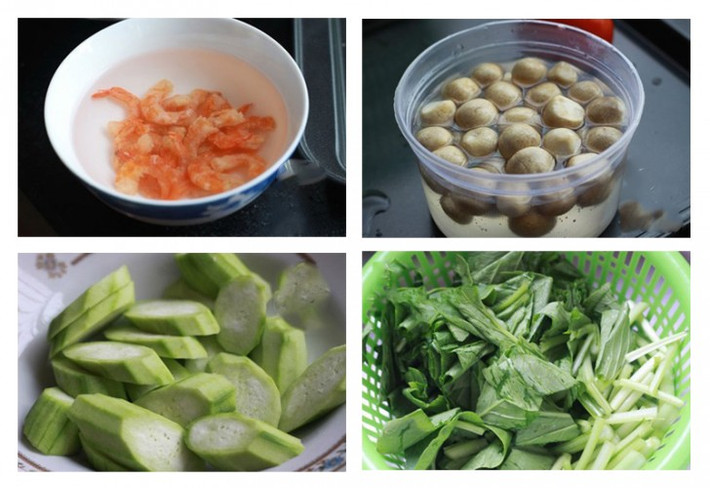 Bạn cần chuẩn bị những nguyên liệu sau cho món canh mướp nấu nấm: 300g mướp hương; 100g nấm rơm; 200g cải ngọt; 50g tôm khô; Gia vị nêm canh.