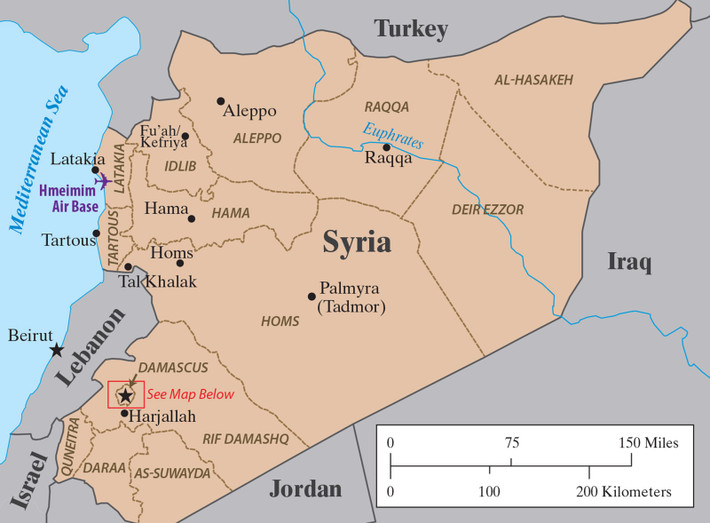 Damascus nằm ở phía tây nam Syria, được xây dựng dưới chân núi Kassioun (Qassioun), một phần trong dải núi tạo thành biên giới tự nhiên giữa Syria và Lebanon (phần thuộc về Syria), và nằm ở biên giới của vùng đồng bằng Ghouta màu mỡ. Ảnh: Bản đồ Damascus hiện đại (Looklex).