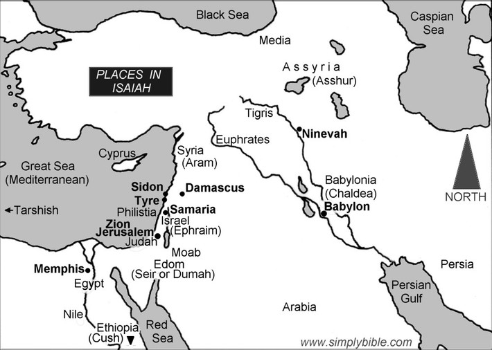 Trong lịch sử được người Ai Cập ghi nhận, cách đây 4.000 năm, Pharaoh Thutmosis III đã chinh phục Damascus vào thế kỷ 15 trước công nguyên (TCN). Theo kinh Cựu ước, thành phố này từng là thủ đô của vương quốc Aramean thế kỷ 11 TCN, bị tấn công và nằm giữa chiến trận của một số vương quốc như Hebrews, Assyrians vào thế kỷ 10 TCN. Ảnh: Bản đồ tham chiếu một số vùng đất xưa theo Kinh Thánh (Isaiah 17 & Jeremiah 49, simplybible.com) như: Babylon, Memphis (Ai Cập), Jerusalem (Israel), vương quốc Assyria hay Assur ở phía Đông Damascus, trên sông Tigris và Euphrates, thủ đô là Ninevah.