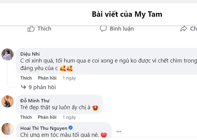 Nữ diễn viên Diệu Nhi cũng cảm thán với nhan sắc của người chị ở tuổi 42: "Chị ơi xinh quá, tối hôm qua em coi xong em ngủ không được vì chết chìm trong nhan sắc và sự đáng yêu của chị".