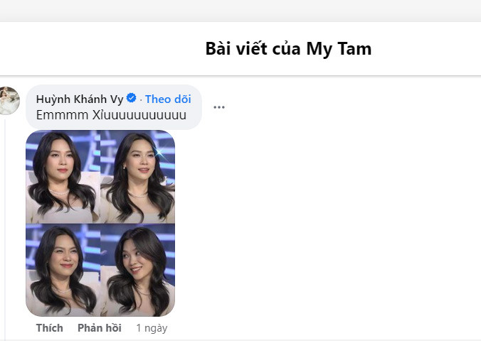 Huỳnh Khánh Vy - vợ nam ca sĩ Phan Mạnh Quỳnh bình luận: "Em xỉu" khi thấy hình Mỹ Tâm quá xinh đẹp.