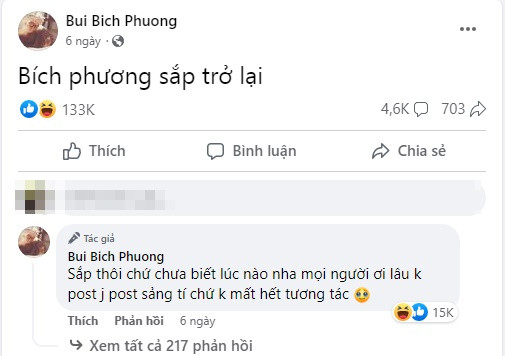 Vài ngày trước, Bích Phương còn khiến fan mừng hụt khi tuyên bố sắp trở lại nhưng "chưa biết lúc nào" và vì lâu không đăng ảnh nên viết như vậy "chứ không thì mất hết tương tác".
