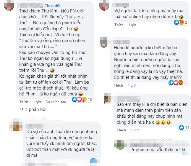 Theo chia sẻ của kiều nữ làng hài thì cô và Quang Tuấn đang hợp tác chung một dự án phim. Ở phần bình luận, Nam Thư viết: "Chồng em em ôm". Hành động của nữ diễn viên khiến không ít khán giả nữ bày tỏ sự khó hiểu, bức xúc thay cho Linh Phi - bà xã của Quang Tuấn. Số khác còn cho rằng nữ diễn viên đang mượn hình ảnh để "PR" cho phim mới.