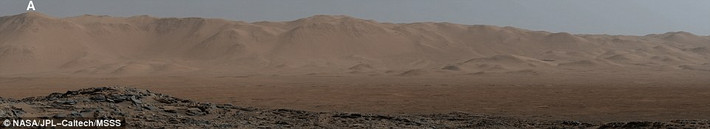 Tàu Curiosity Rover đã chụp đỉnh A cao nhất trên cao nguyên Naukluft của hành tinh Đỏ ở khoảng cách 29,1 km, được biết đỉnh A này cao 1.900m, là điểm gần một ngọn núi lửa tại khu vực đó. Nguồn ảnh: Dailymail.