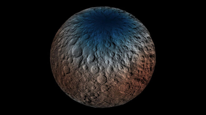 Một phần Bắc Bán Cầu hành tinh lùn Ceres được chụp bởi tia gamma và máy dò Neutron. Nguồn ảnh: Space.com