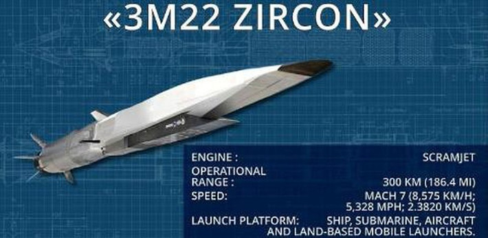 Tên lửa hành trình Zicron được phóng thử lần đầu tiên vào tháng 2/2020 từ tàu nổi, và hiện là loại tên lửa hành trình, không có đối thủ cạnh tranh ngang hàng. Zircon được đánh giá cao nhờ khả năng cơ động cao, tốc độ tối đa đến Mach 9 (gấp 9 lần tốc độ âm thanh), tầm bắn tối đa khoảng 1.000 km.