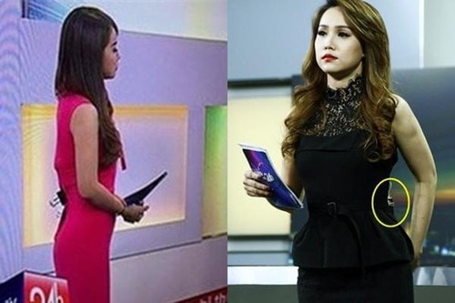 MC Trúc Mai từng mắc sự cố trang phục trên truyền hình khi dùng kẹp giấy để giữ cho váy vừa vặn với cơ thể hơn. Ảnh: VTV24.