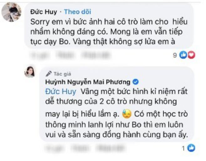 Chồng cũ Lệ Quyên cũng lên tiếng xin lỗi Mai Phương vì đã khoe bức ảnh chụp cô và con trai mình trên trang cá nhân khiến mọi người hiểu lầm. Đức Huy cũng nhanh chóng xoá bỏ hình ảnh này khỏi trang cá nhân.