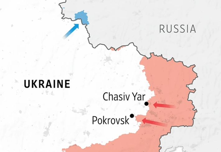 Trên chiến trường miền đông Ukraine, nơi đầy rẫy hố bom, mục tiêu chiến đấu chính của Quân đội Nga đã chính thức chuyển sang thành phố Pokrovsk. Ảnh chụp màn hình.
