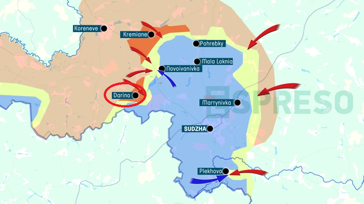 Trên bản đồ, làng Darino nằm ở khu vực trung tâm của tuyến phòng thủ phía tây do Quân đội Ukraine kiểm soát tại vùng Kursk. Tuyến phòng thủ này ban đầu được hình thành từ 4 ngôi làng nằm giữa Nikolayevo và Tolstoy Lug, với sông Snagost chảy qua cả 4 ngôi làng. Ảnh: Espreso.tv.