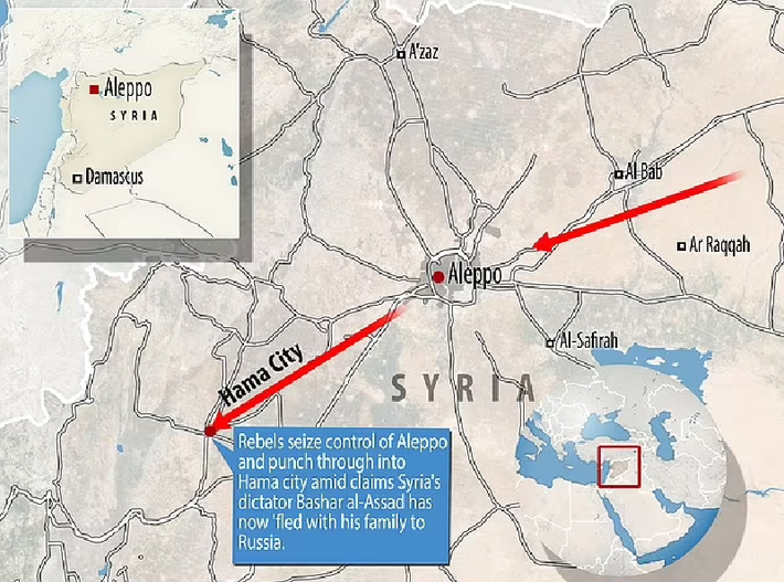 Trong chưa đầy hai tuần, các chiến binh HTS cũng chiếm được thành phố Aleppo ở phía bắc, cũng như thành phố Hama ở miền trung, nơi các lực lượng chính phủ bị đẩy lui vào thứ năm. Ảnh: Daily Mail.