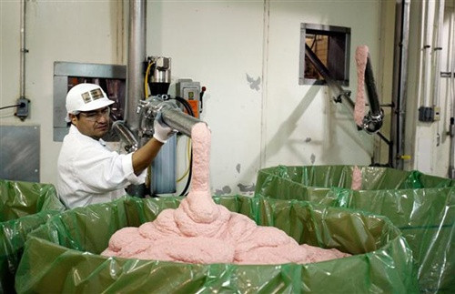 Pink Slime (chất nhờ màu hồng). Từ lâu Pink Slime chỉ được dùng làm thức ăn cho chó. Khi chế biến, loại thịt này được khử trùng bằng ammonia để diệt khuẩn, đã làm dấy lên cuộc tranh cãi giữa người tiêu dùng và giới sản xuất. Đến nay, Pink Slime vẫn là thành phần chính trong thịt hamburger và xúc xích hot dog ở Mỹ. Tuy nhiên, nó đã bị cấm sử dụng ở các nước EU.