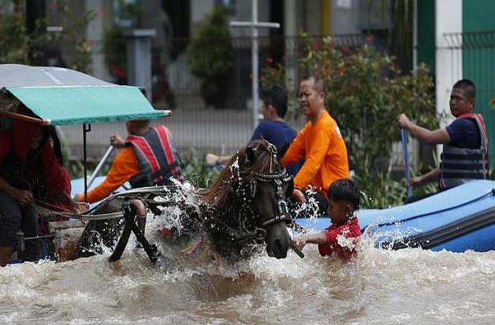 Cuối ngày hôm qua (10/2), tình trạng ngập lụt ở trung tâm Jakarta đã khả quan hơn nhưng phía bắc và phía tây thủ đô vẫn rất nghiêm trọng với mực nước ở nhiều nơi lên tới hơn 1m. Lụt lội khiến người dân thủ đô phải sử dụng nhiều phương tiện di chuyển như xe ngựa, xuồng.