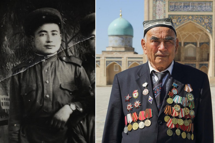 Cựu chiến binh Uzokboy Akhrayev, 90 tuổi, phục vụ trong lực lượng pháo binh của Hồng quân Liên Xô từ tháng 1/1943 đến 5/1950. Bên trái là hình ảnh ông Akrayes đang đứng ở Quảng trường Khast Imam ở Tashkent.