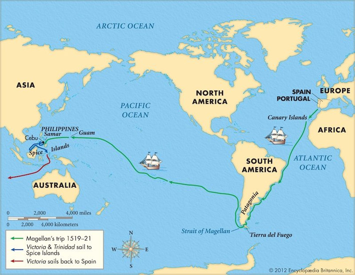 4. Không chỉ có Columbus, một người châu Âu khác cũng đã đi khắp đại dương để tìm kiếm gia vị. Ferdinand Magellan, sinh năm 1480 ở Bồ Đào Nha, là một người lính và thủy thủ được chính quyền Tây Ban Nha giao chỉ huy chuyến thám hiểm để tìm tuyến đường phía tây tới các đảo trồng gia vị ở Indonesia.