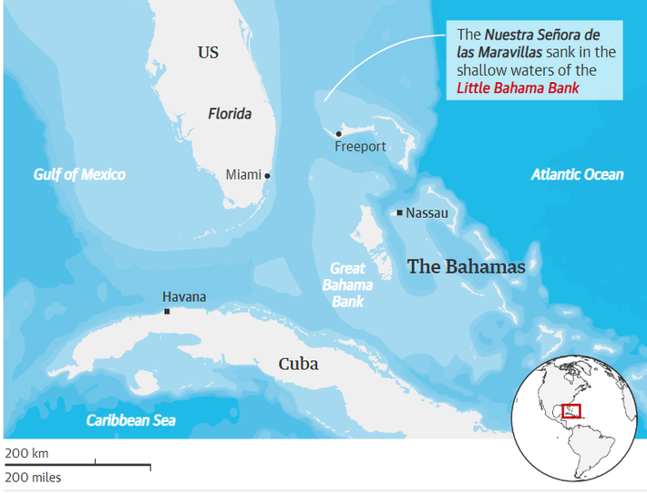 Con tàu chìm ở phía tây vùng biển nông Little Bahama Bank cách đất liền hơn 70 km, nhưng kho báu mới được tìm thấy rải rác ở khu vực trải rộng hơn 13 km.