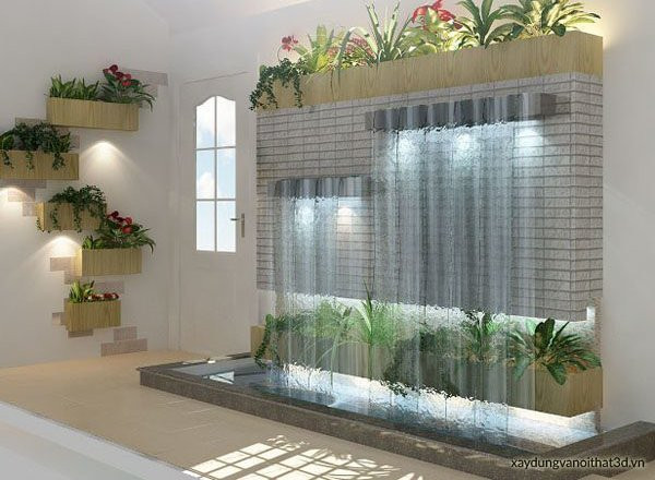 Tiểu cảnh thác nước đứng có sự kết hợp giữa hệ thống đèn âm tường và ánh sáng tự nhiên chắc chắn sẽ tạo được điểm nhấn và nét độc đáo trong ngôi nhà. (Ảnh Xaydungvanoithat3d)