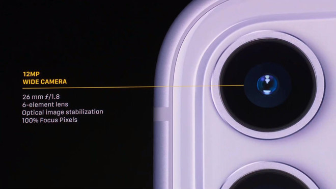 Apple tuyên bố là iPhone 11 là smartphone quay phim tốt nhất hành tinh.Cụm camera kép phía sau với một độ phân giải 12 megapixel, góc rộng 26 mm, f/1.8 và một ống kính góc siêu rộng cùng độ phân giải, tiêu cự 13 mm f/2.4.