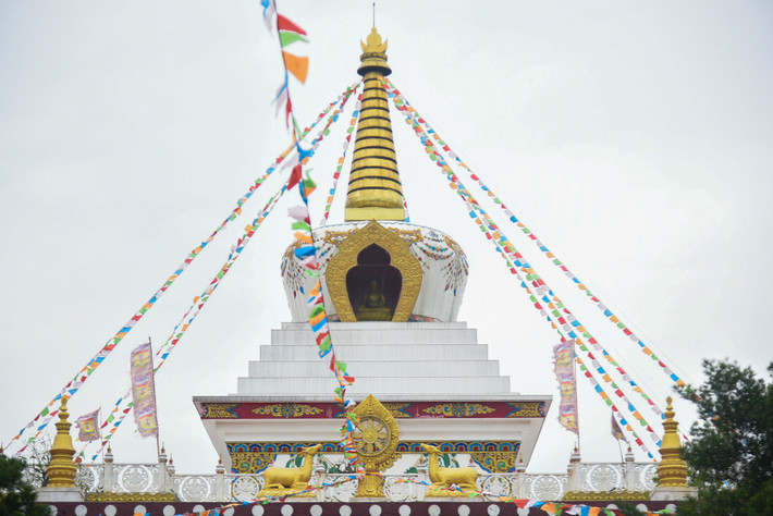 Trên nóc chùa là nơi đặt bảo tháp Kim cương thừa với những lá cờ nhiều màu sắc. Những lá cờ này trong tiếng Tây Tạng nghĩa là "ngựa gió". Đây là biểu tượng cho sự chuyển hóa của cái ác thành thiện, những điều không may thành cát tường. Ngoài ra, có thể hiểu 5 màu sắc tượng trưng cho 5 trí tuệ của Phật.