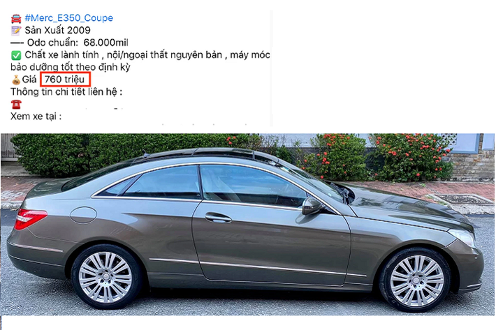 Đến nay sau hơn 10 năm, giá xe Mercedes-Benz E350 Coupe 2009 được chào bán lại với giá 760 triệu đồng, tức giảm khoảng một phần ba giá trị so với thời điểm mua mới. Tầm giá 760 triệu đồng này chỉ ngang tầm sedan hạng C phổ thông như Honda Civic G (789 triệu đồng) hay Mazda3 1.5 (669 – 799 triệu đồng).