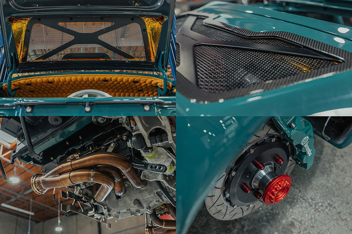 Chiếc siêu xe Porsche 993 Speedster Remastered hàng thửa xuất hiện tại The Quail mang trên mình màu sơn xanh lá độc đáo Peninsula Cypan, kết hợp với sắc xanh này chính là một số chi tiết màu cam Mandarin ở cả ngoại thất và trong nội thất của xe.
