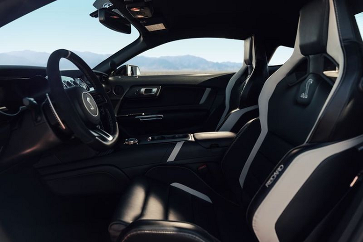 Ở bên trong, Ford Mustang Shelby GT500 sở hữu các ghế đua Recaro bọc da lộn kết hợp da, vô lăng đáy phẳng bọc da Alcantara, núm xoay chuyển số, lẫy chuyển số bằng ma-giê và các chi tiết trang trí bằng nhôm đặc biệt của Ford Performance.