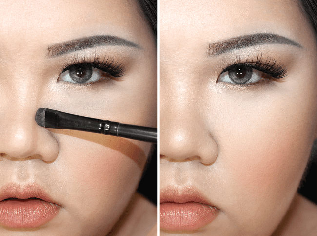 Khi trang điểm, bạn hãy đặt cọ trang điểm hơi nghiêng so với mặt rồi từ từ vuốt cọ từ vùng dưới chân mày tới hết phần sống mũi. Ảnh: beautygarden.