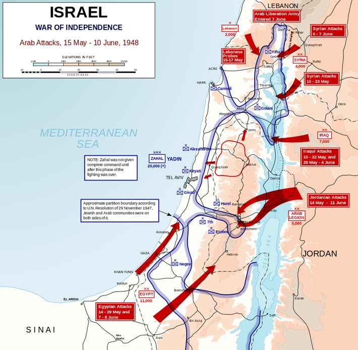 Trở lại năm 1948 và sự ra đời của Israel khi đó: Khi vừa tuyên bố thành lập nhà nước Do Thái, quốc gia non trẻ này lập tức bị tấn công bởi các nước láng giềng Arab: Ai Cập, Syria, Liban và Transjordan (hiện nay là Jordan). Ảnh: Bản đồ cuộc chiến tranh Arab lần thứ nhất - Nguồn: Wikipedia.